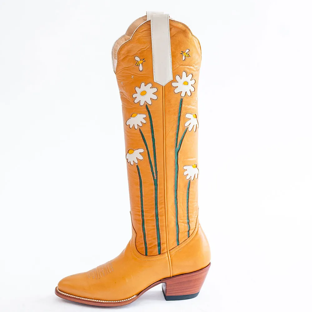 Faux-Leather Floral Chunky-Heel Platform Mid-Calf Boots