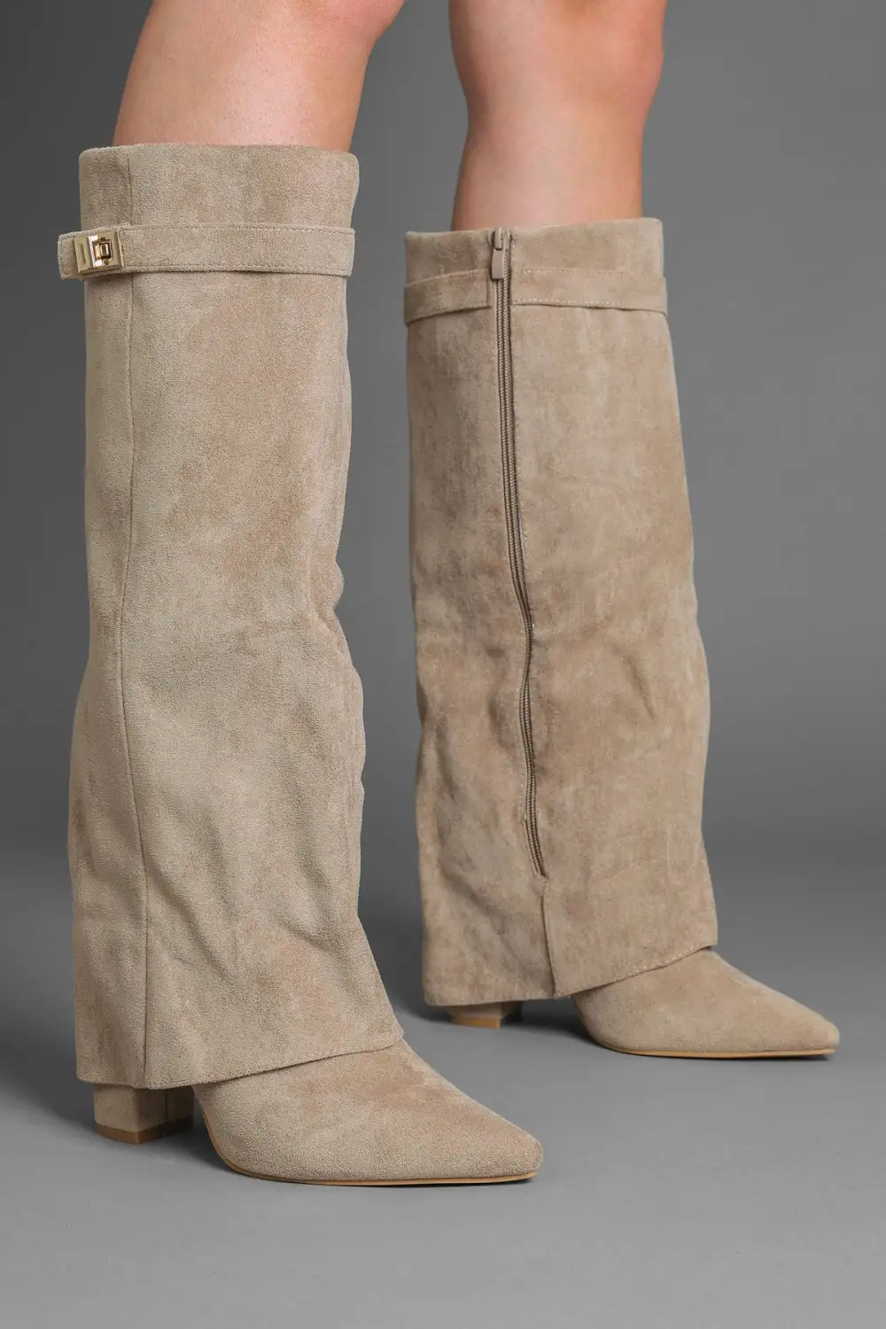 Western Slouch Fold-Over Buckle Detail Knee High Boots