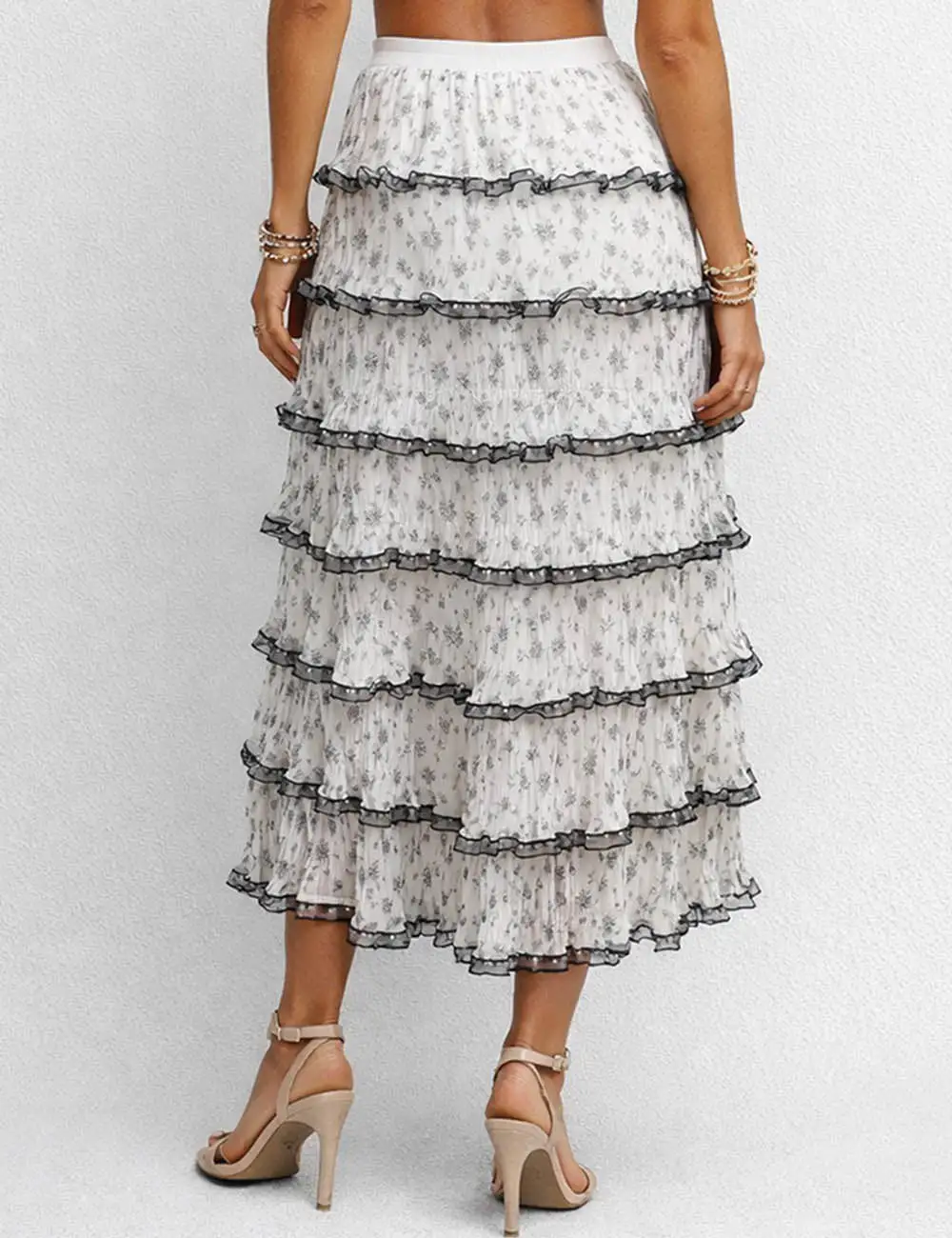 Color Block Tiered Ruffle Hem Mesh Maxi Skirt