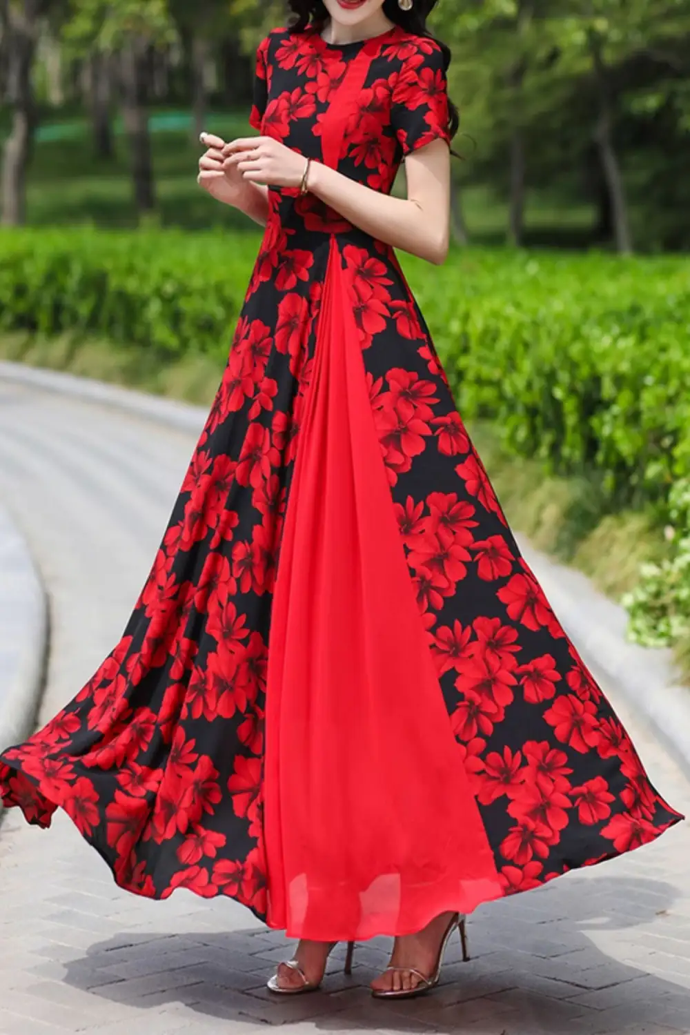 Relaxed Floral Chiffon Short Sleeve Maxi Dress