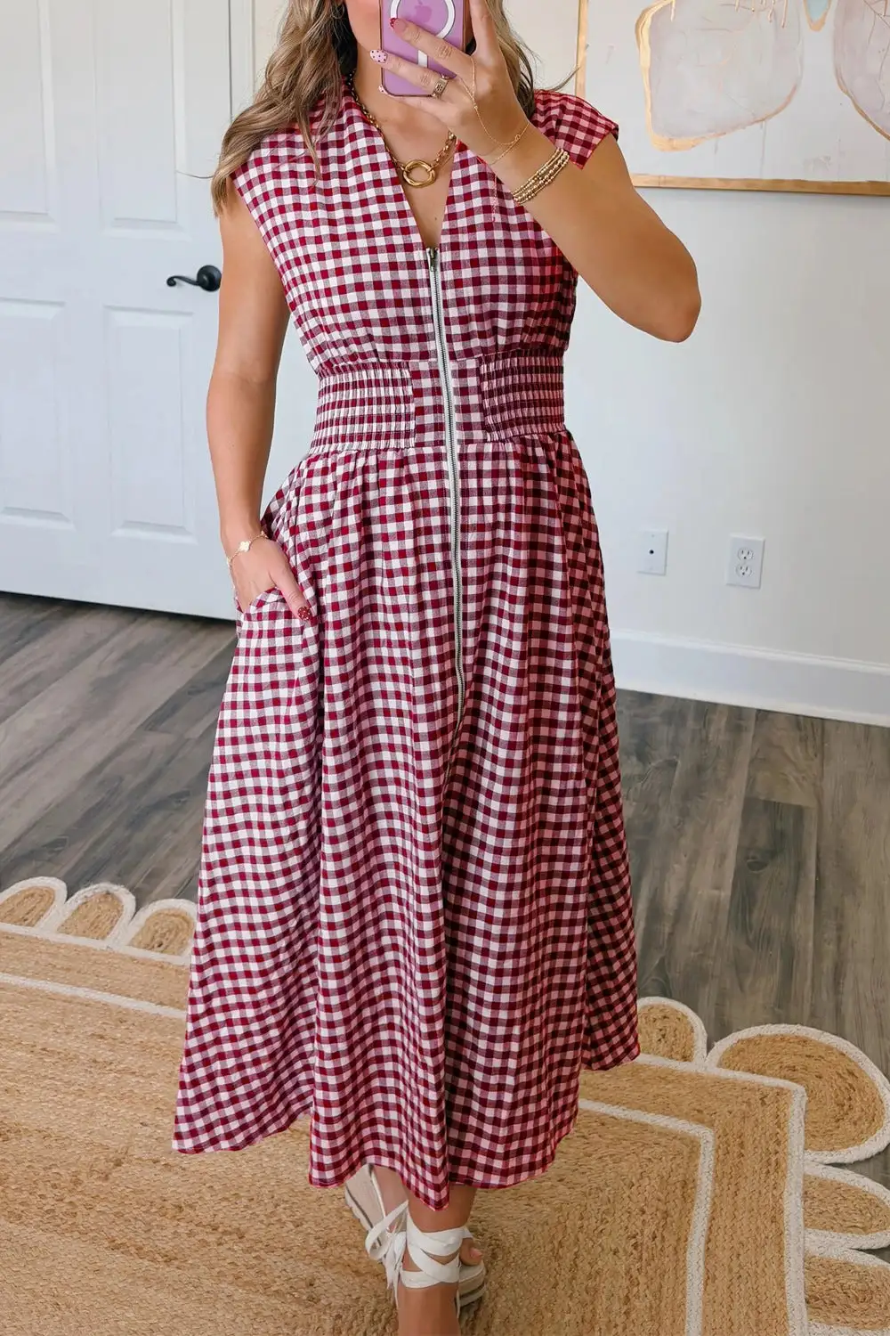 Gingham Zip-Front Midi Dress
