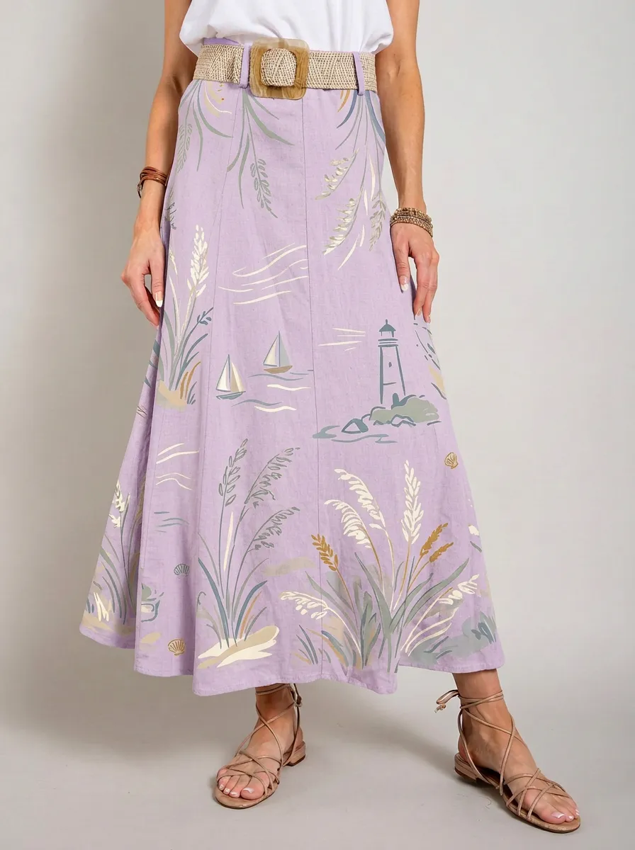 Women's Coastal Nautical Lighthouse Sailboat Printed Midi Skirt