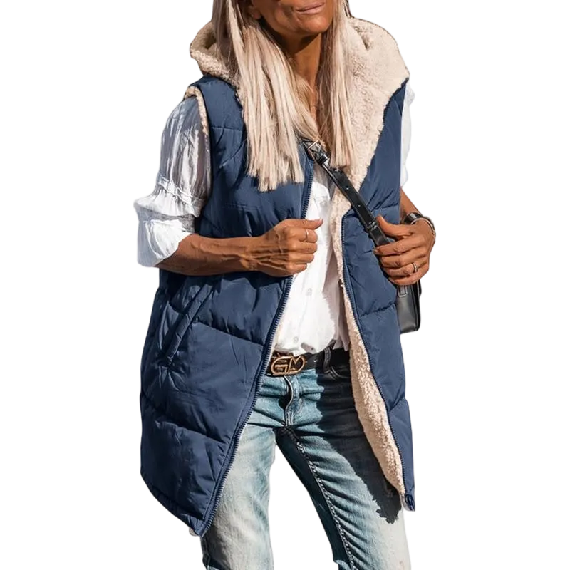 Women's military green double-faced fleece vest with pockets and a hood, long zip-up coat