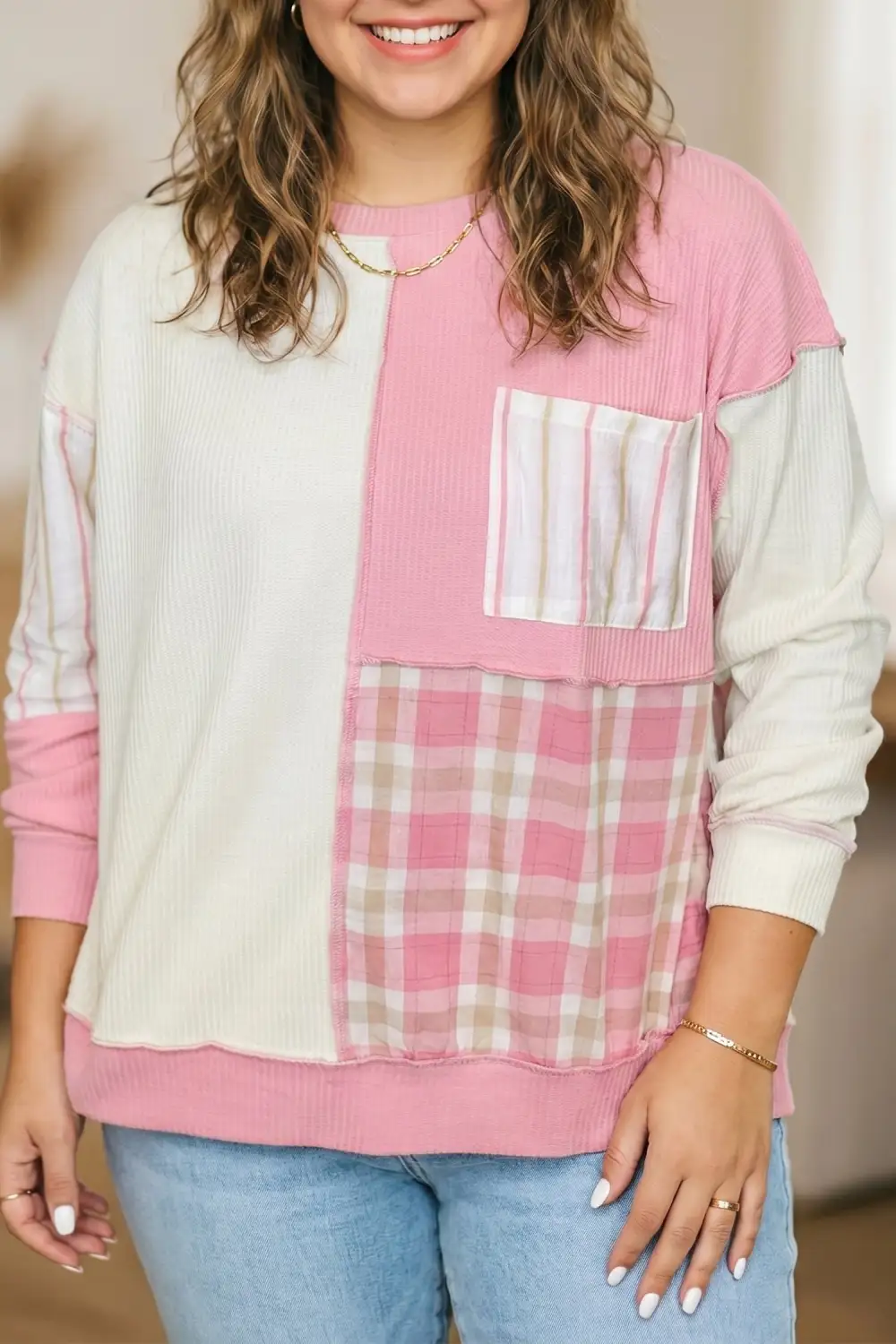 Plaid Waffle Knit Cotton Blend Long Sleeve Top