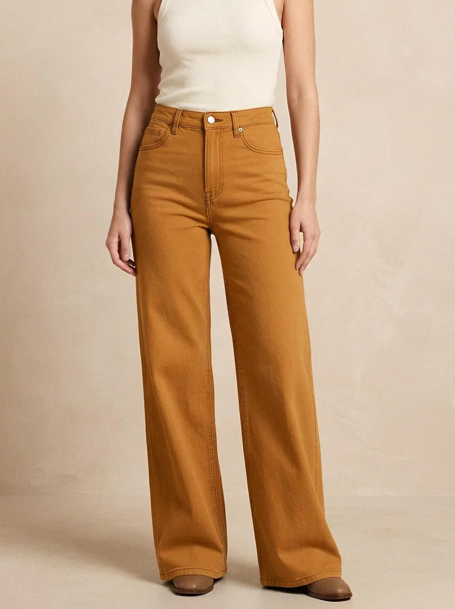Women's High-Waisted Wide-Leg Denim High-Rise Waist Traditional Button Jeans