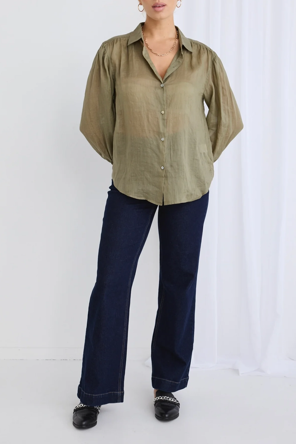 Olive Green Sheer Long - Sleeve Shirt
