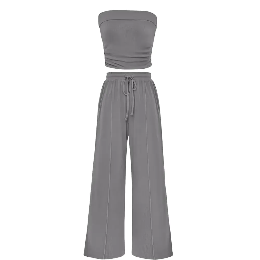 Women's Summer Outfits 2 Piece Sets Casual Ribbed Knit Crop Top & Wide Leg Pants