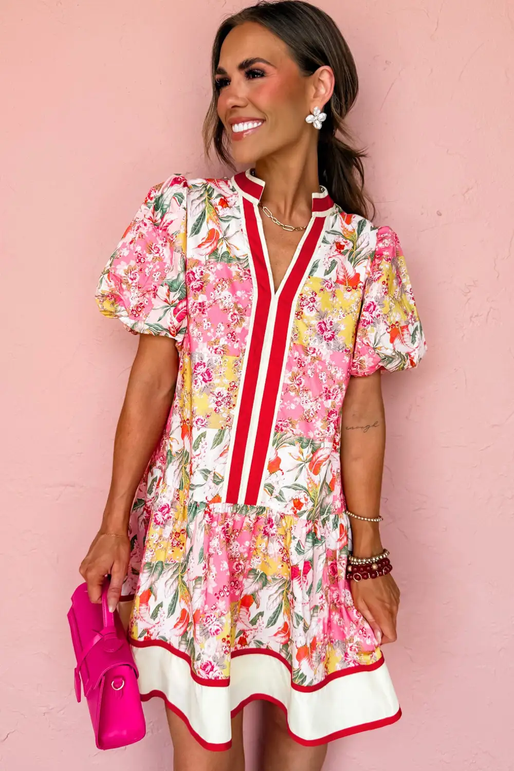 Floral Patchwork V Neck Mini Dress