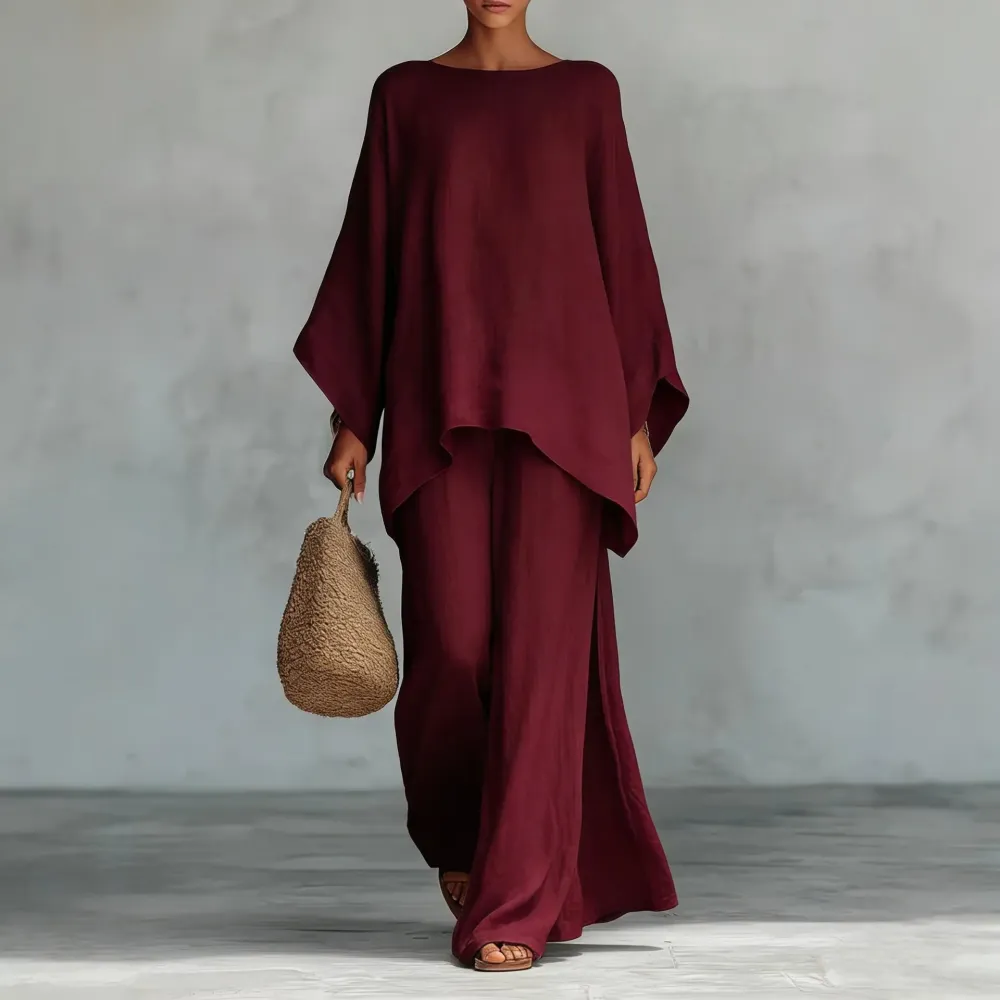 Boho Linen Summer Two-Piece Set – Wide Leg Pants & Batwing Top