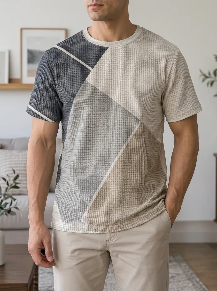 Men's Geometric Colorblock Waffle Knit Adventure Crew Neck T-Shirt