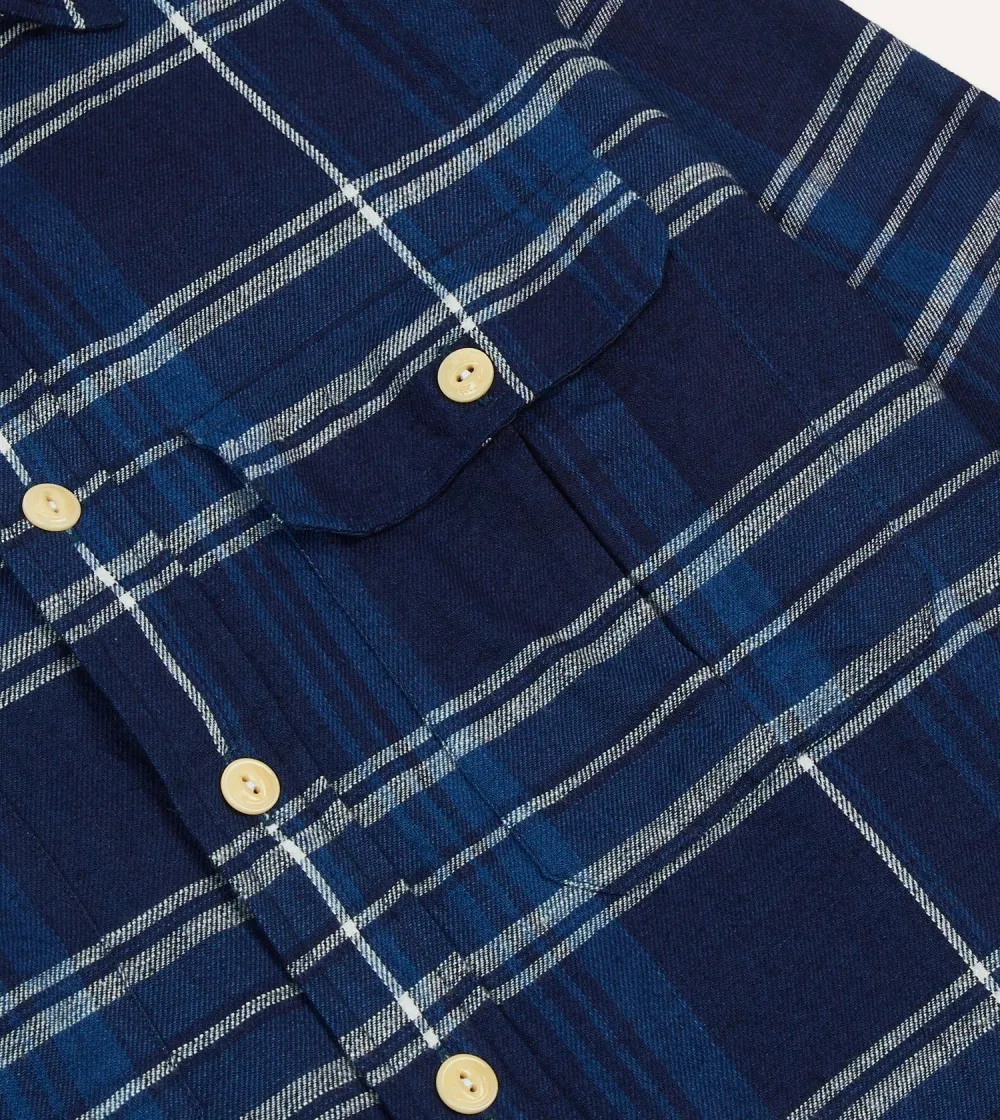 Blue Check Cotton Long Point Collar Work Shirt Casual Style