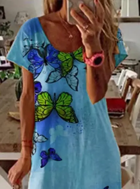 Butterfly Print Crew Neck Holiday Slit Dress