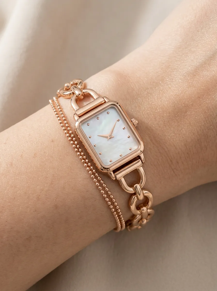 Rose Gold Rectangular Mother-of-pearl Link Watch