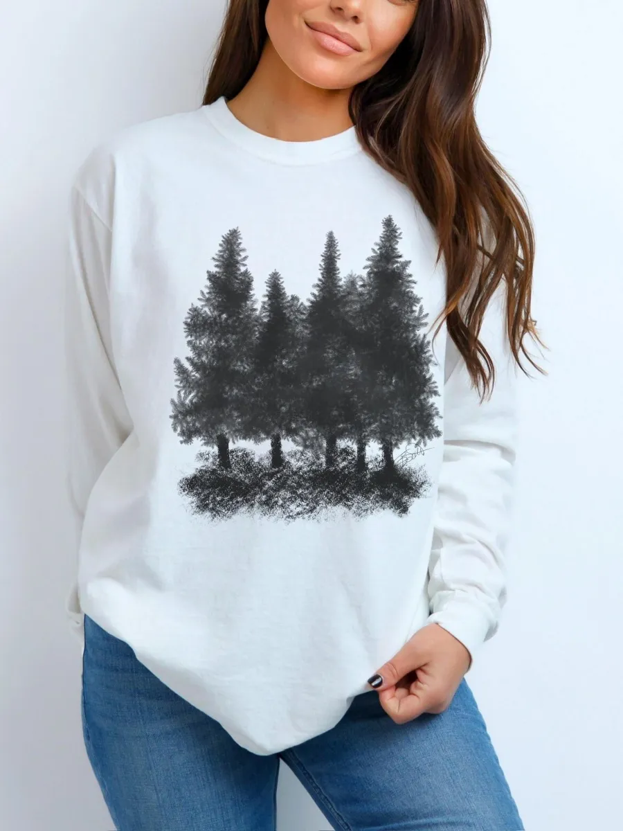 Tree Print Round Neck T-Shirt