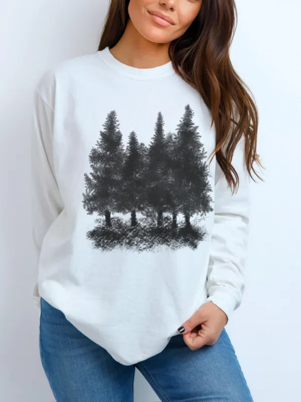Tree Print Round Neck T-Shirt