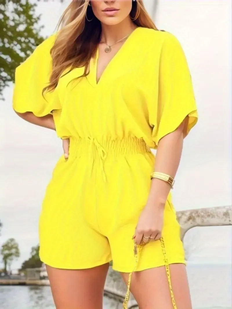 Women's Solid-Color V-Neck Jumpsuit with Drawstring Waist