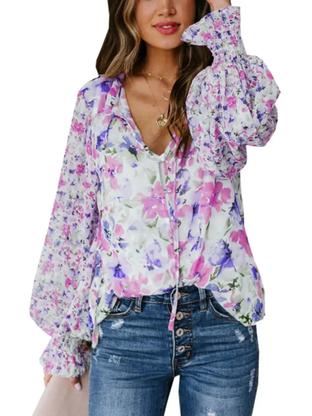 Floral Print Smocked Cuff Blouse Plus