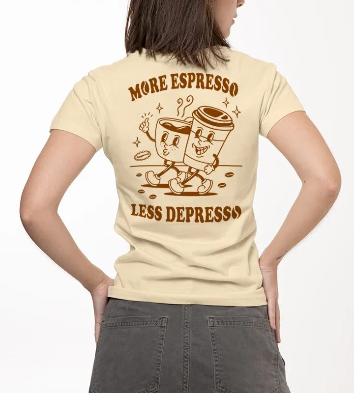Coffee Themed Cartoon Graphic Beige T-Shirt