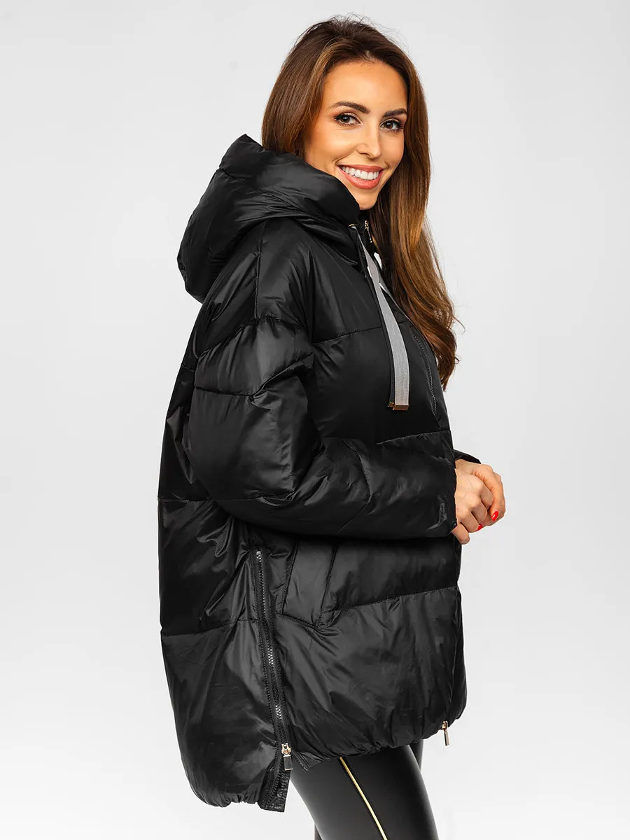 Women's Black Quilted Winter Jacket With Hood