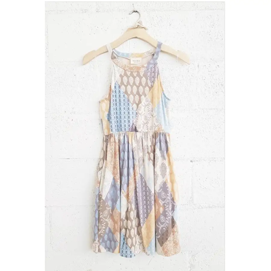 Boho Patchwork Tiered Halter Dress with Pockets - Denim Plum