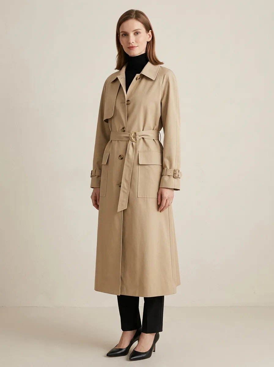 Women's Classic Beige Waist-Defining Minimalist Long Trench Coat