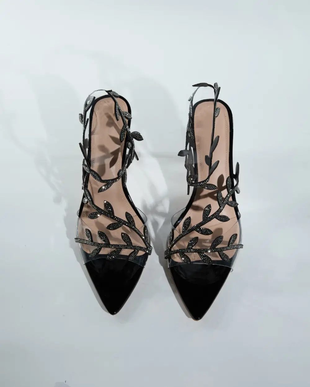 Rhinestone Leaf Sandals in Black
