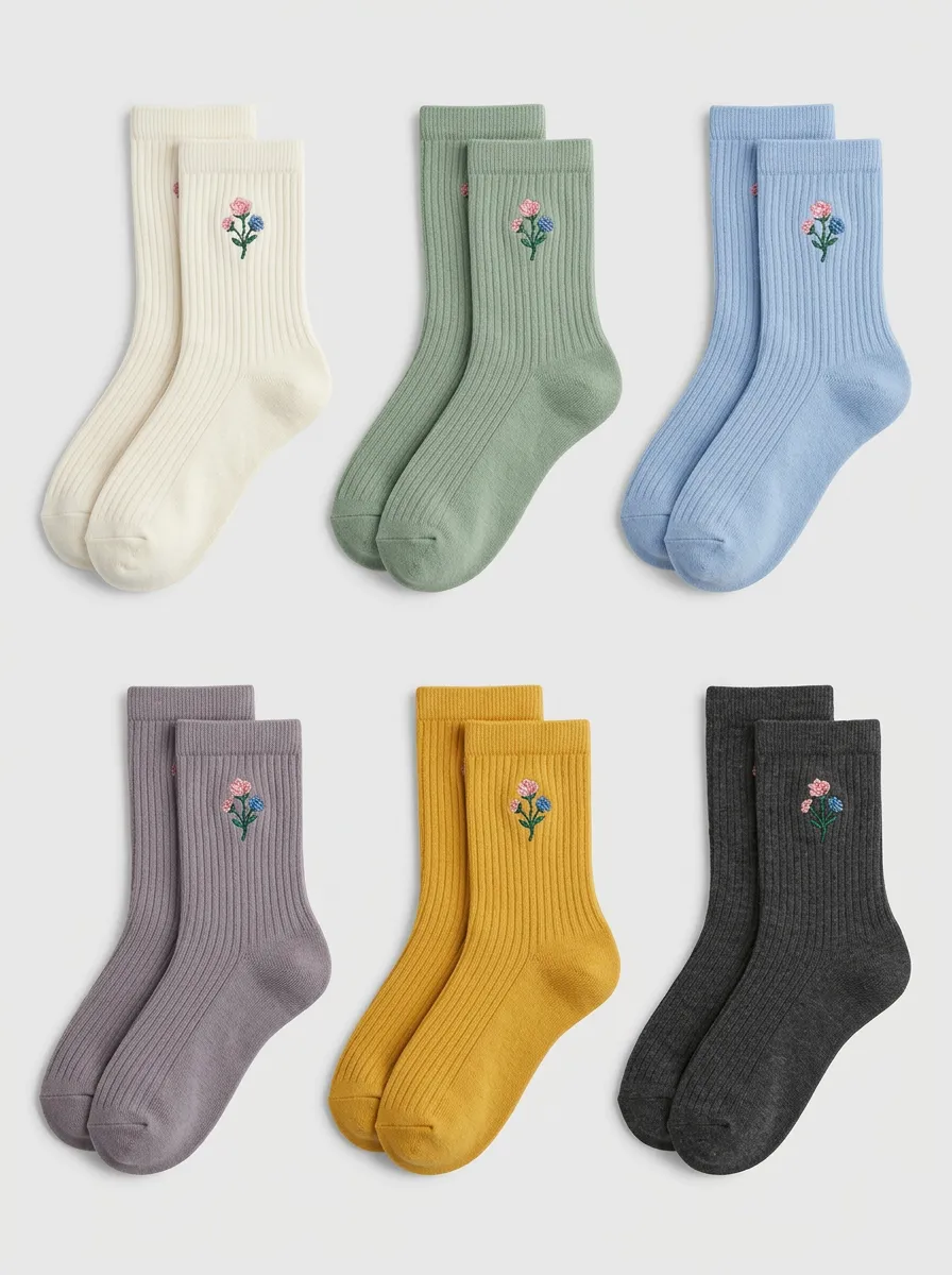 Women's Floral Lover Multi-color Embroidered Ribbed Socks