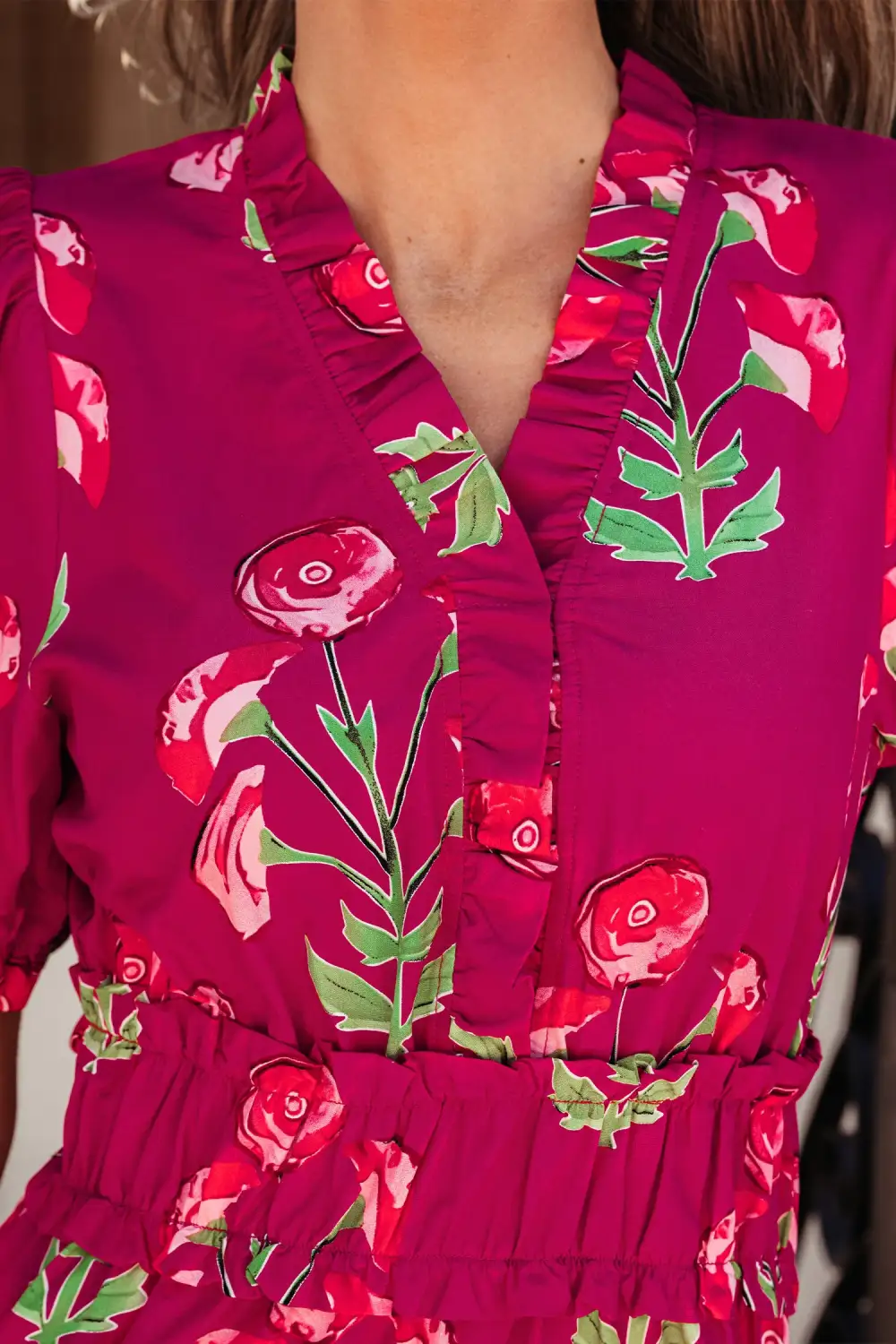 Gathered Detail Floral Printed V Neck Maxi Dress
