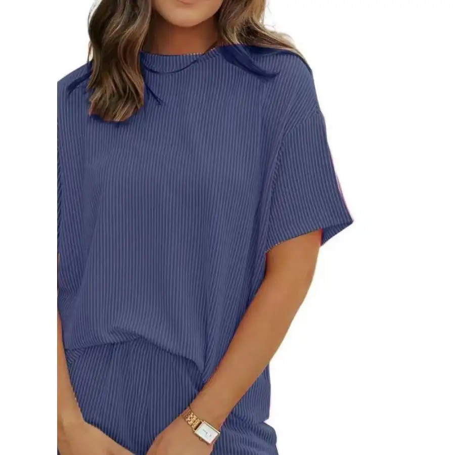 Ribbed Short Sleeve Top and Shorts Two Piece Set