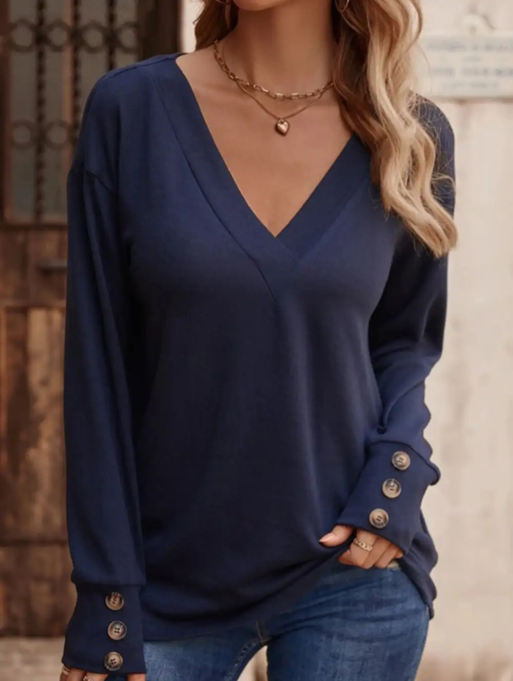 V Neck Button Loose Long Sleeve Tee