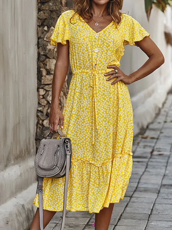 Casual Floral Print V-Neck Button Short Sleeve Midi Dress