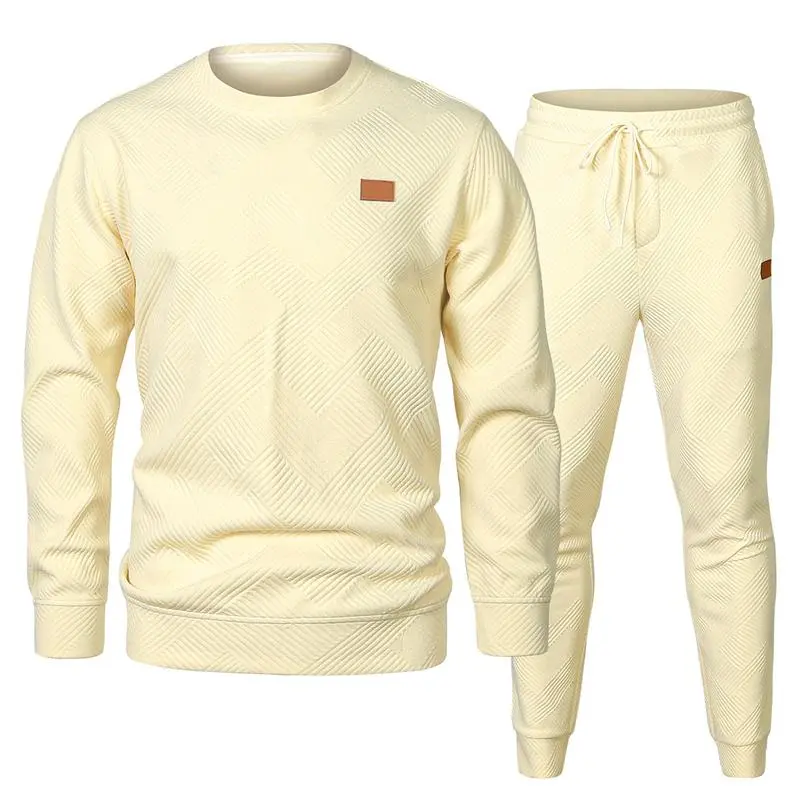 🔥Last Day 49% Off - Men's 2 Piece Sweatsuits Outfits Casual Crewneck Jacquard Sweatshirt Joggers Sweatpants Set Tracksuit High Quality Fabric Classic Design