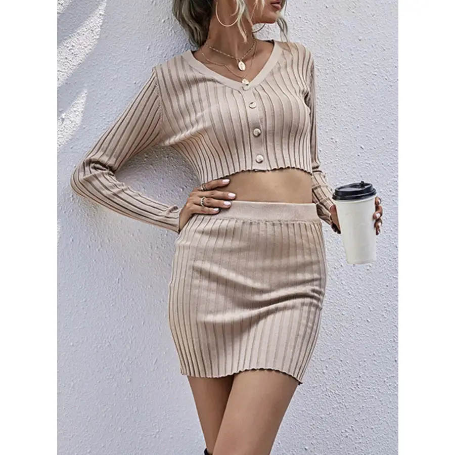 Ribbed Knit Cardigan & Mini Skirt Set