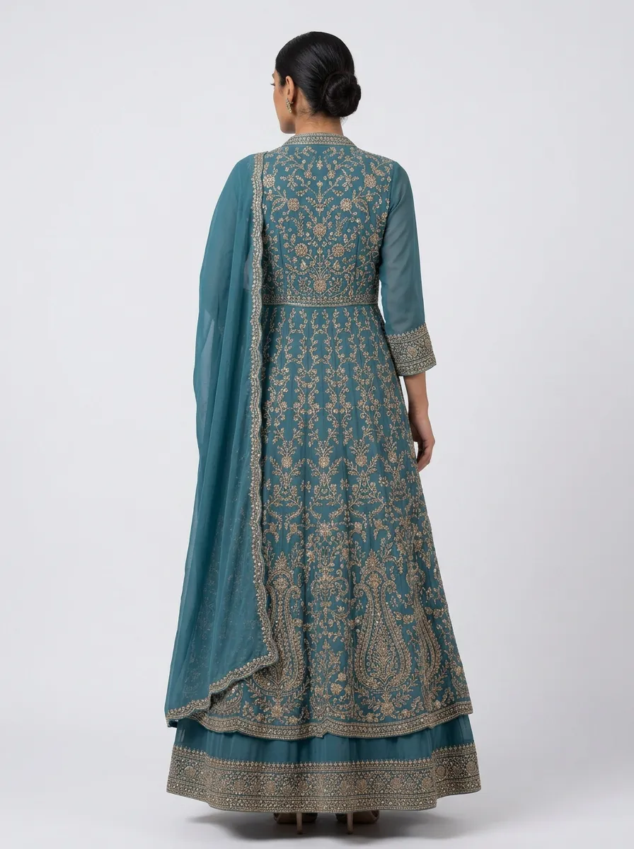Women's Indian Floral Embroidered Paisley Embroidered V-Neck Anarkali Gown