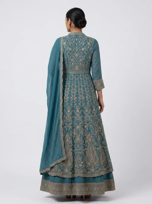 Women's Indian Floral Embroidered Paisley Embroidered V-Neck Anarkali Gown