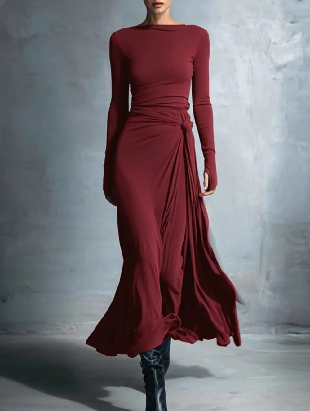 Solid Wrap Style Knot Long Sleeve Dress