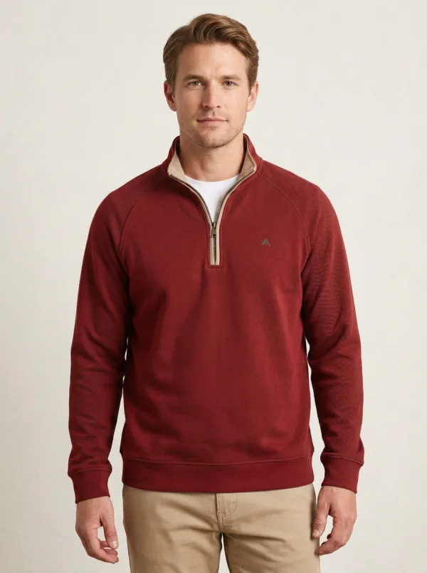 Men's Minimalist Contrast-Trim Textured Raglan Embroidered Emblem Quarter-Zip Sweatshirt