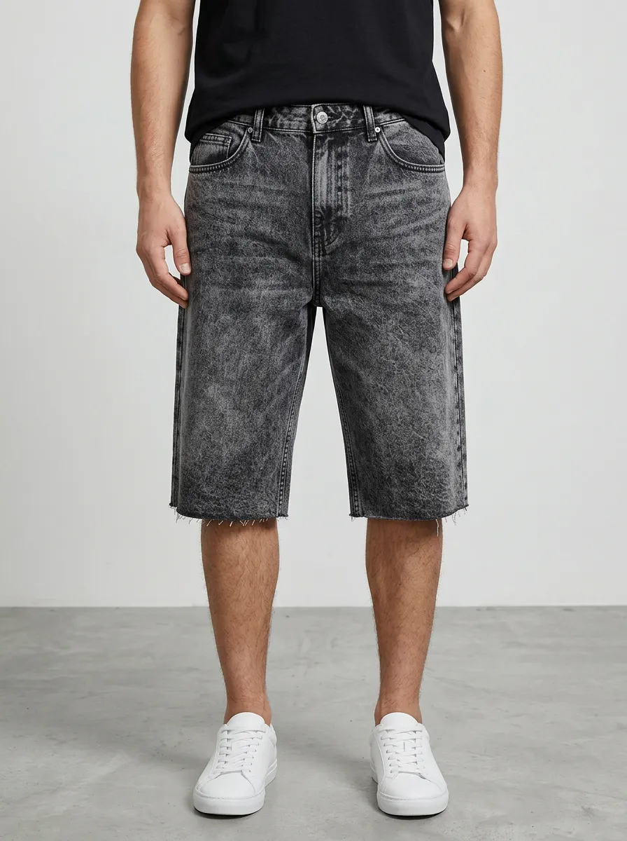 Men's Classic Distressed Raw Hem Acid Wash Distressed Denim Shorts