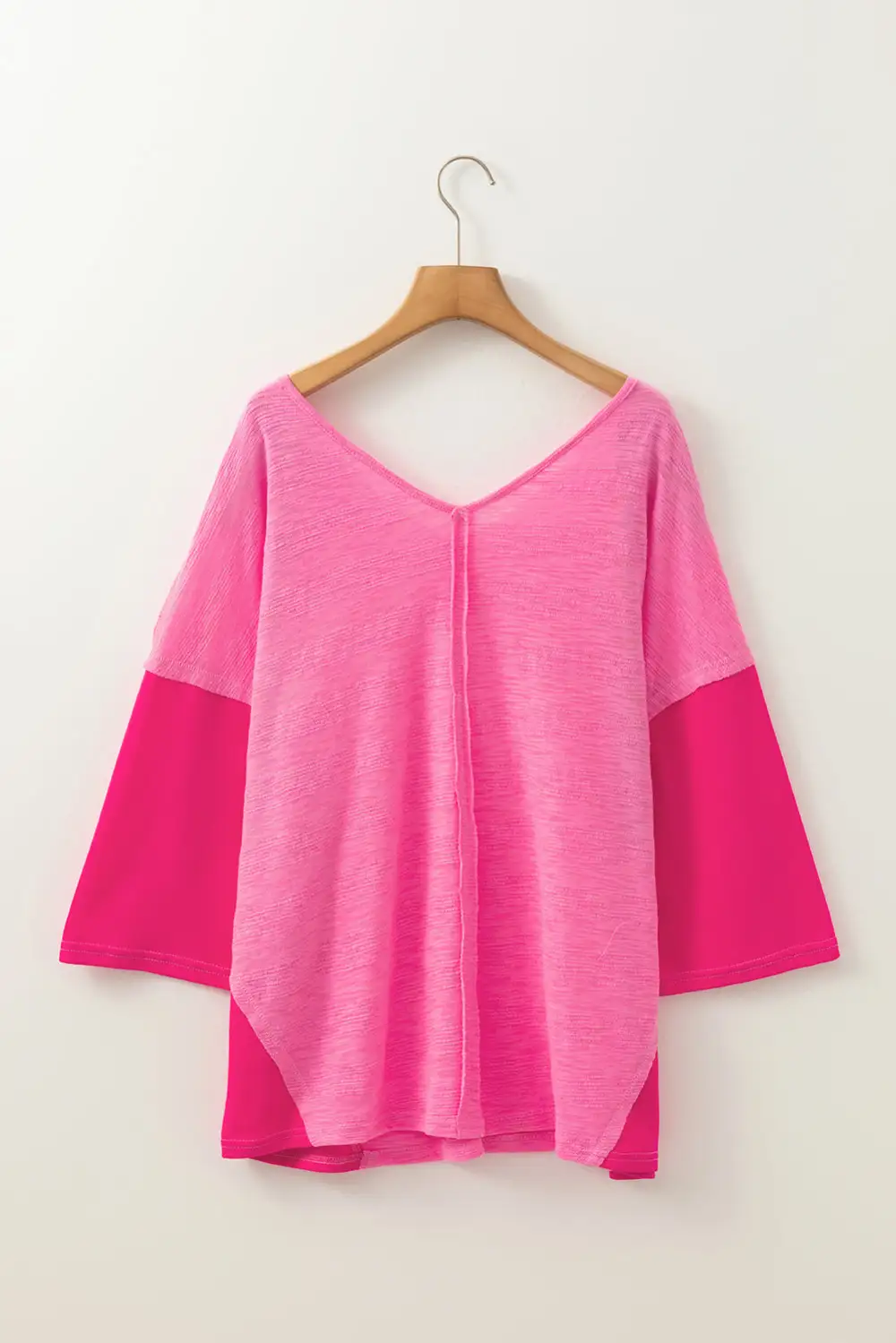 Sachet Pink Contrast Patchwork 3/4 Sleeve V Neck Loose Blouse