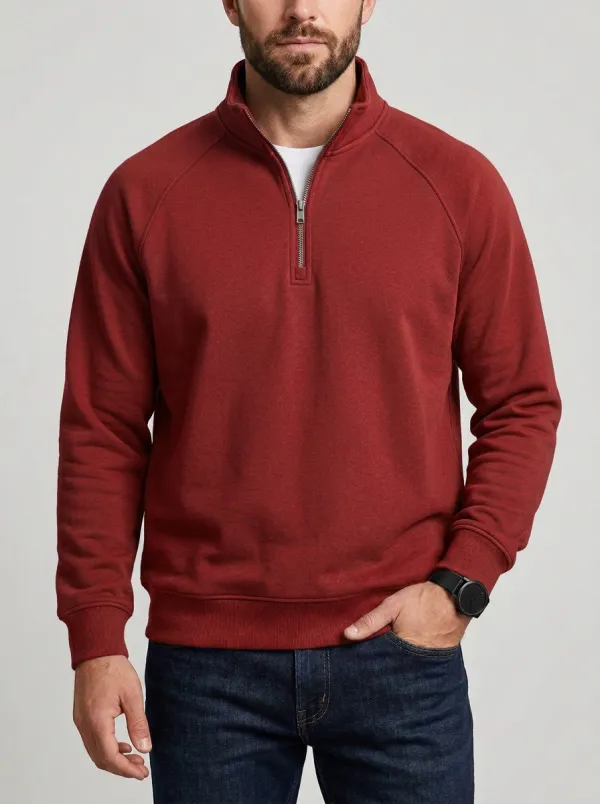 Men's Classic Minimalist Textured Raglan Stand-Collar Quarter-Zip Sweatshirt