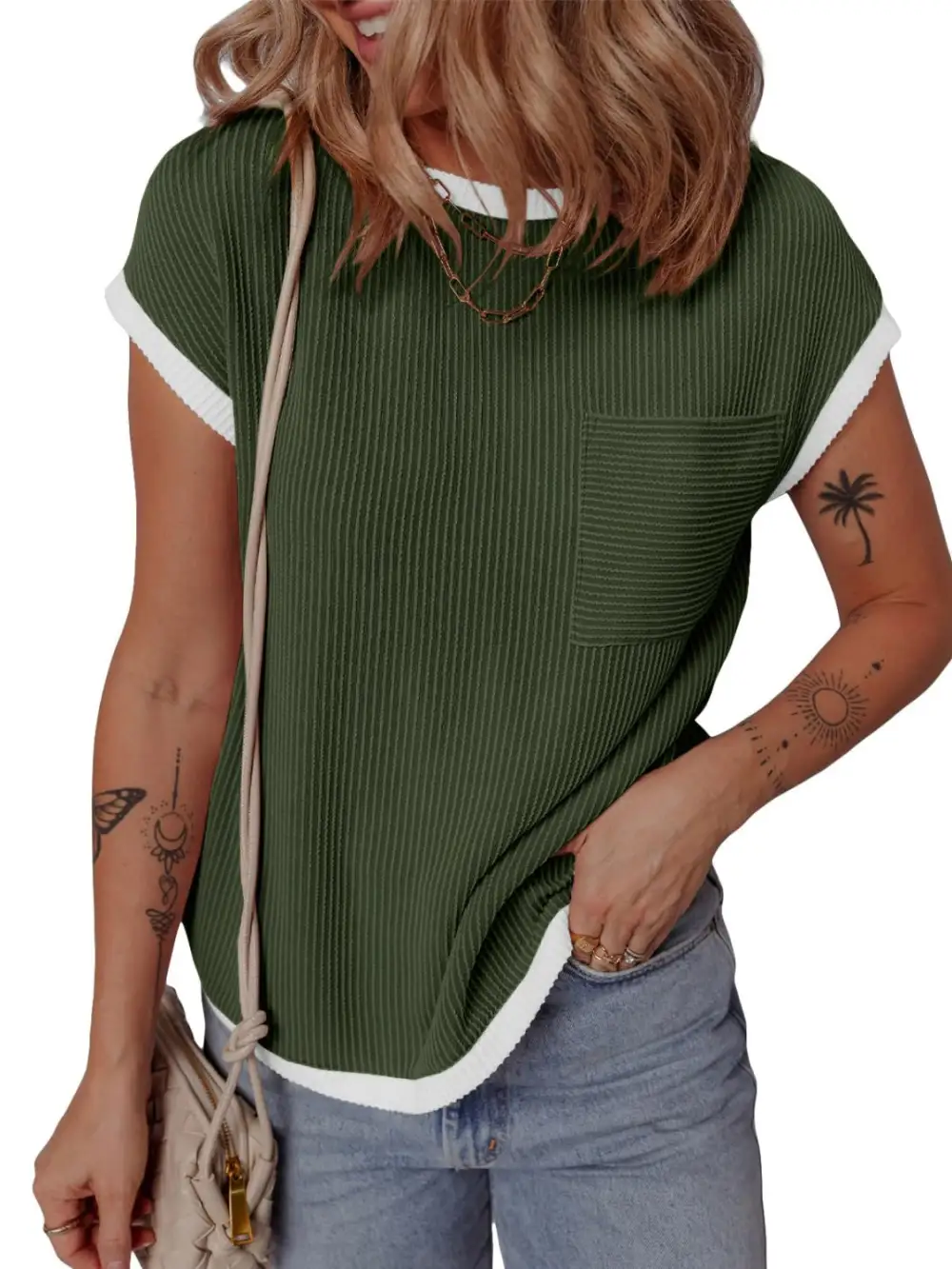 Round-Neck Short-Sleeve Contrast-Trim T-Shirt