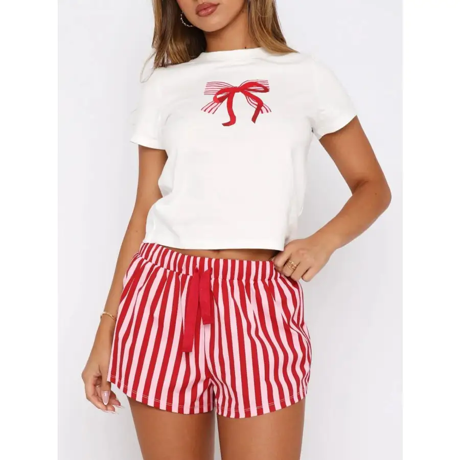 Printed Round Neck Short Sleeve Top and Drawstring Shorts Set