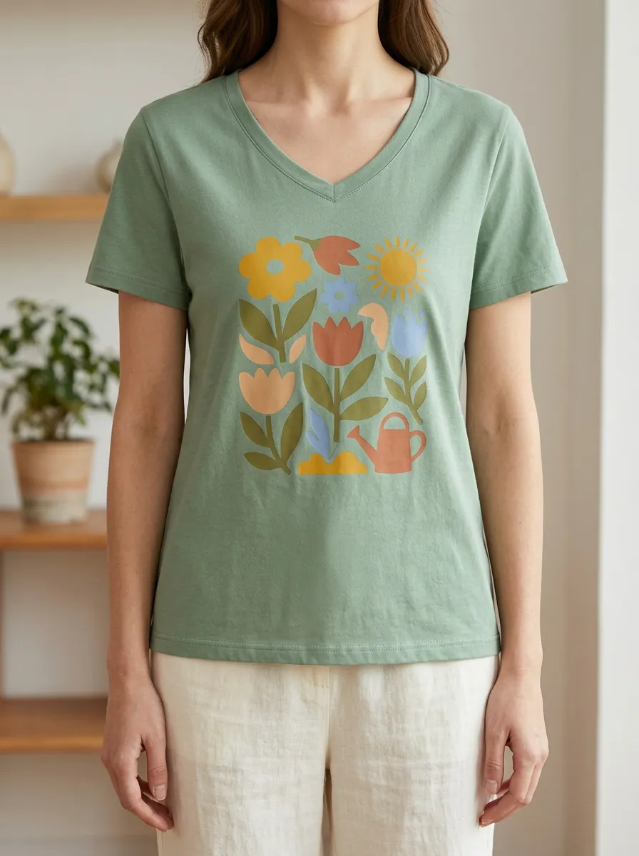 Women's Gardening Floral Sun Watering Can Print V-Neck T-Shirt