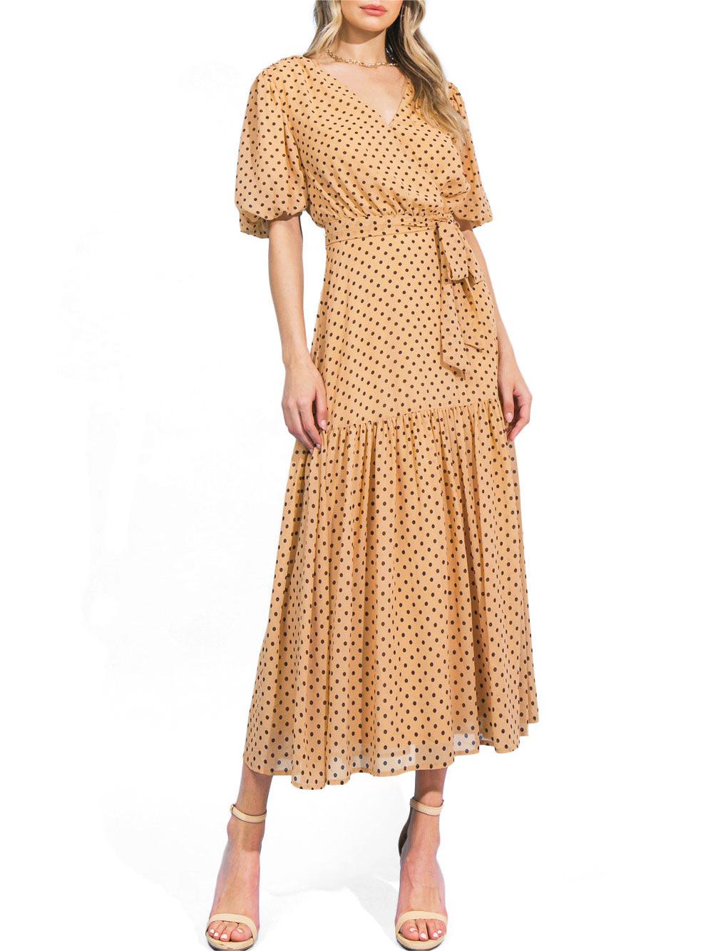 Tan Polka - Dot Wrap Midi Dress