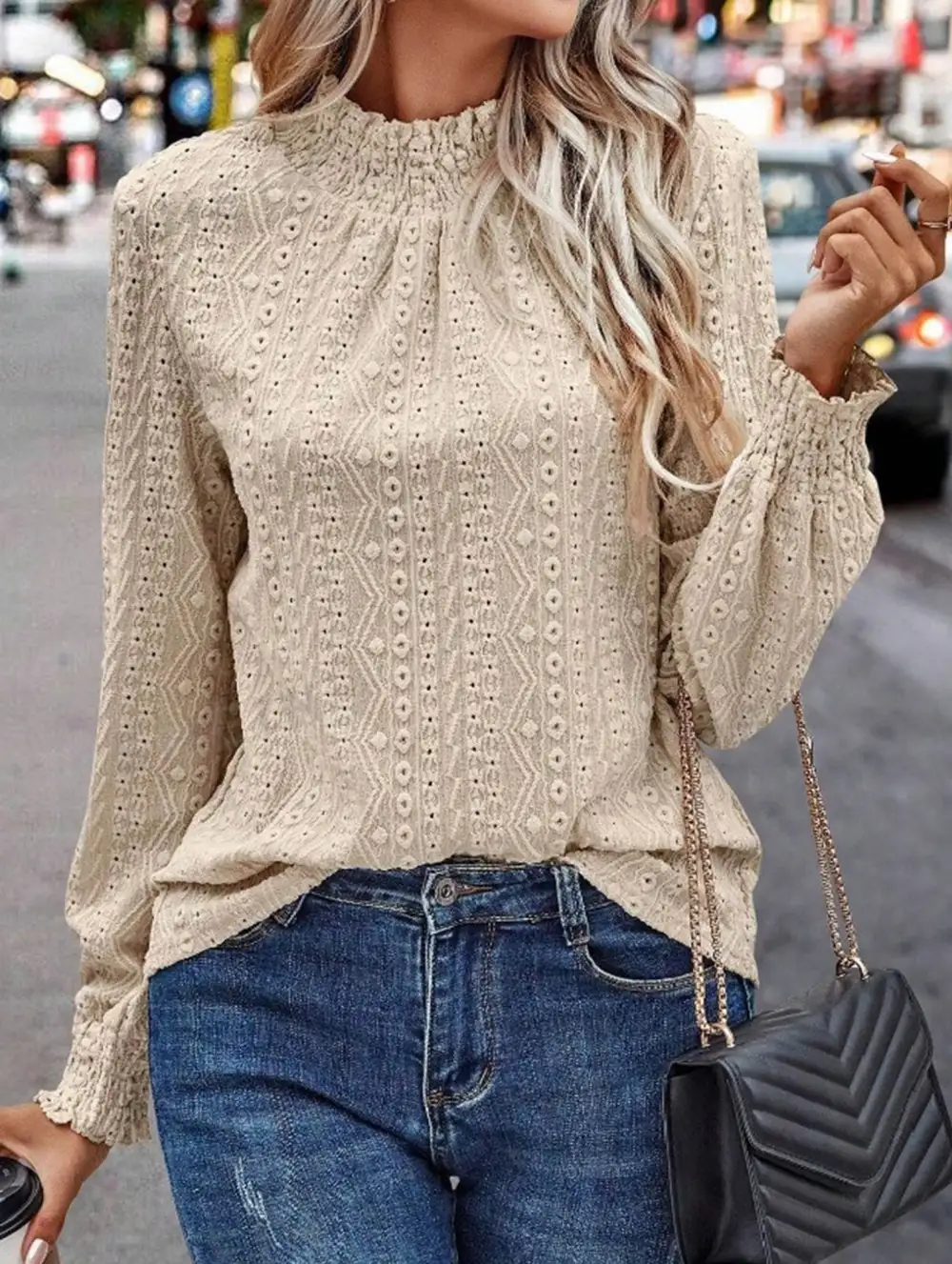 Jacquard Crew Neck Long Sleeve Tee