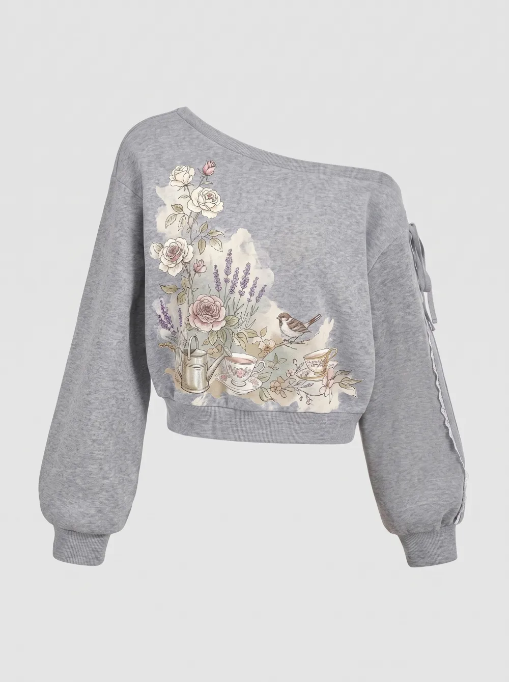 Women's Garden Floral Bird Tea Cup Printed One-Shoulder Sweatshirt