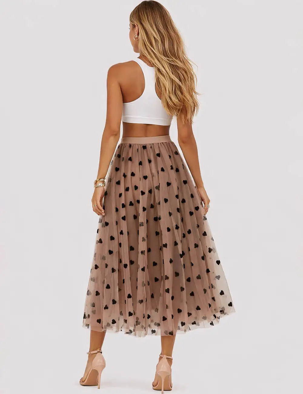 Romantic Heart Elastic Waist Mesh Midi Skirt