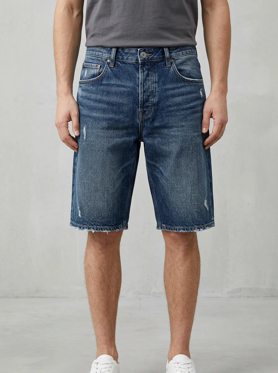 Storage-Ready Distressed Raw Hem Workwear Look Men's Distressed Raw Hem Denim Shorts