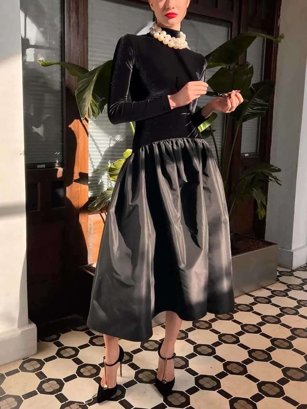 Elegant High Neck Velvet Patchwork Midi Dress