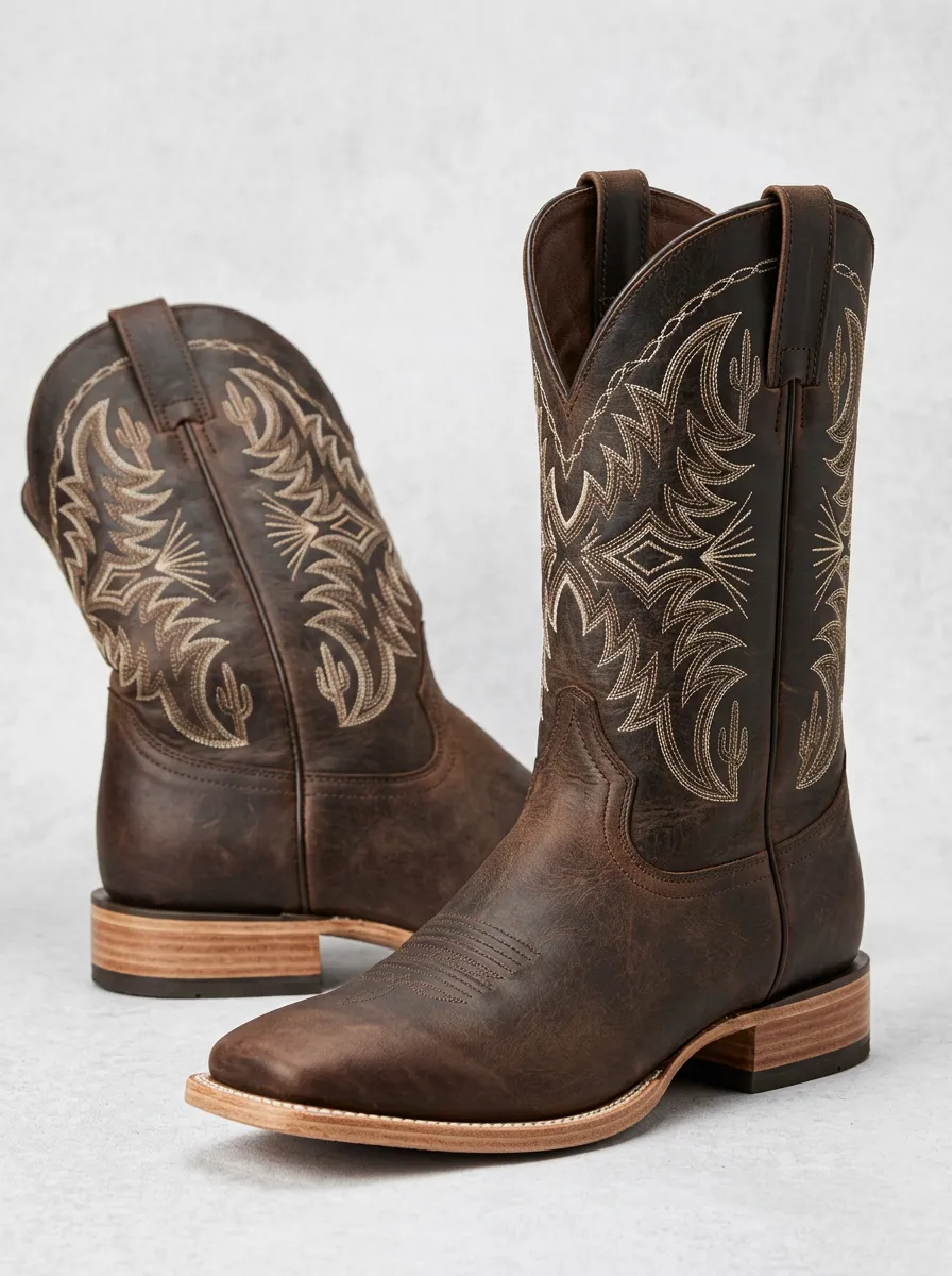 Men's Western Cowboy Cactus Embroidered Leather Western Boots